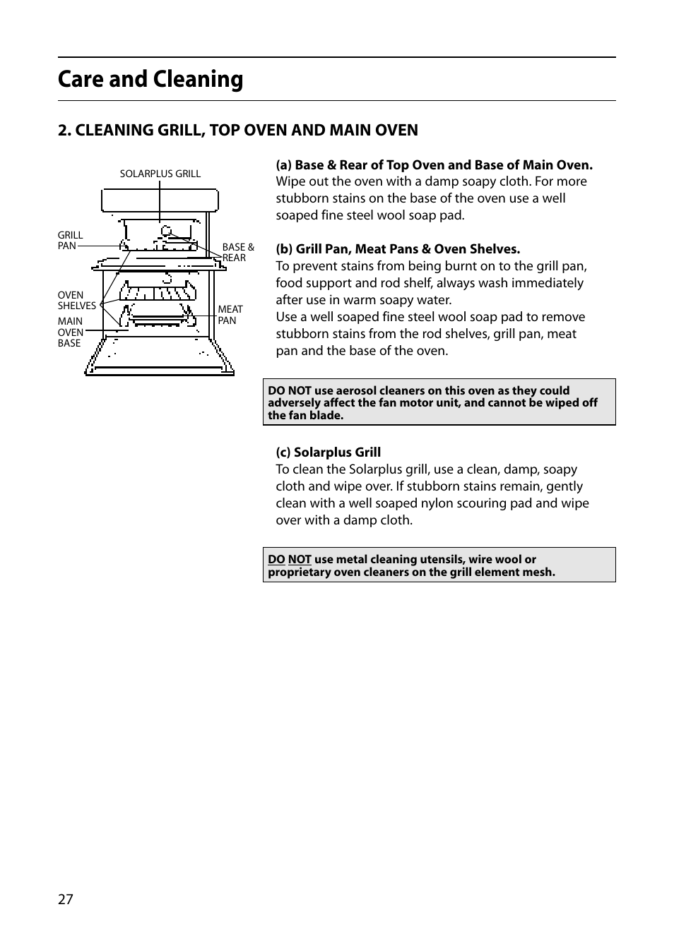 Care and cleaning, Cleaning grill, top oven and main oven | Hotpoint S420E User Manual | Page 28 / 36