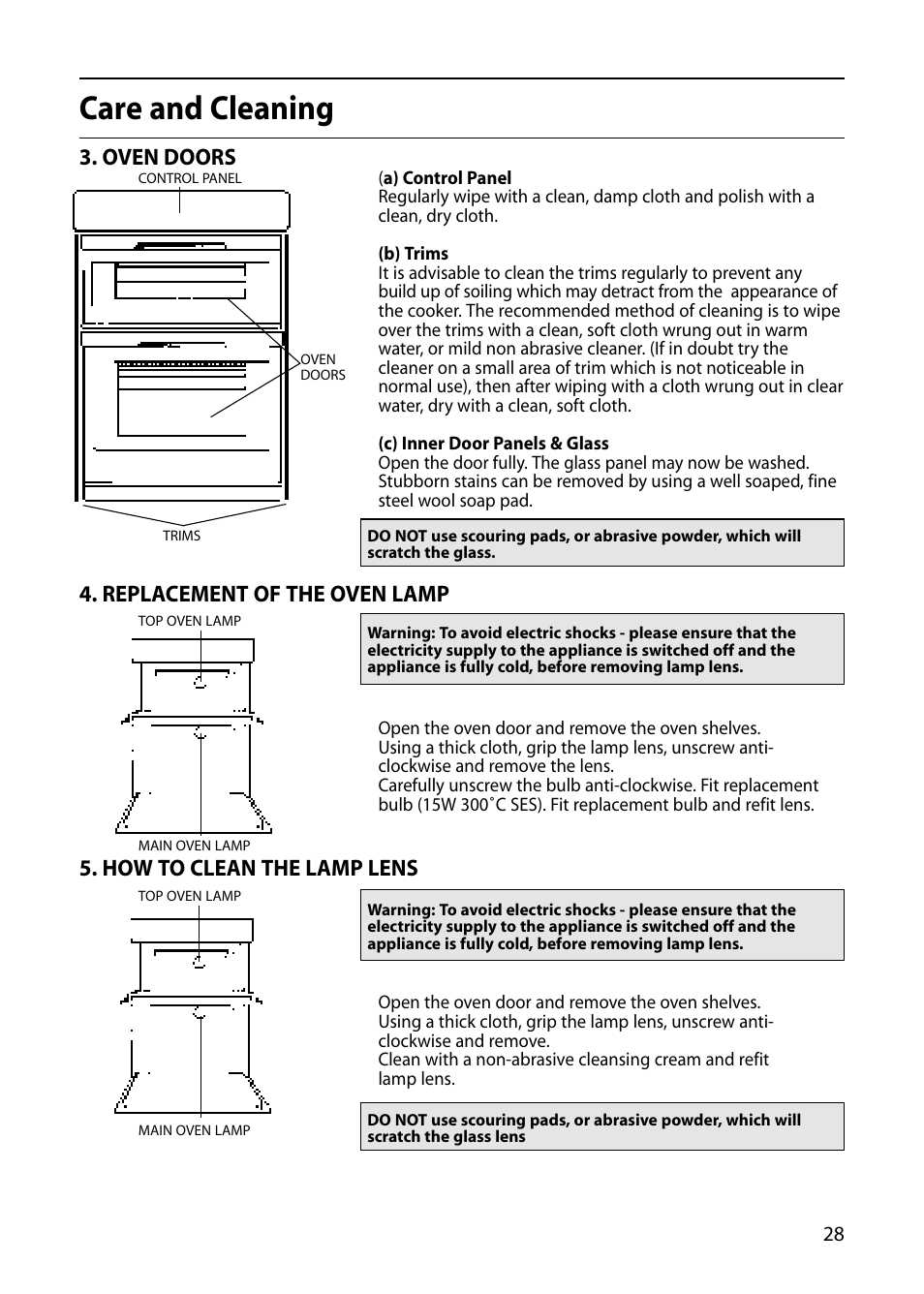 Care and cleaning, Oven doors, Replacement of the oven lamp | How to clean the lamp lens | Hotpoint S420E User Manual | Page 29 / 36