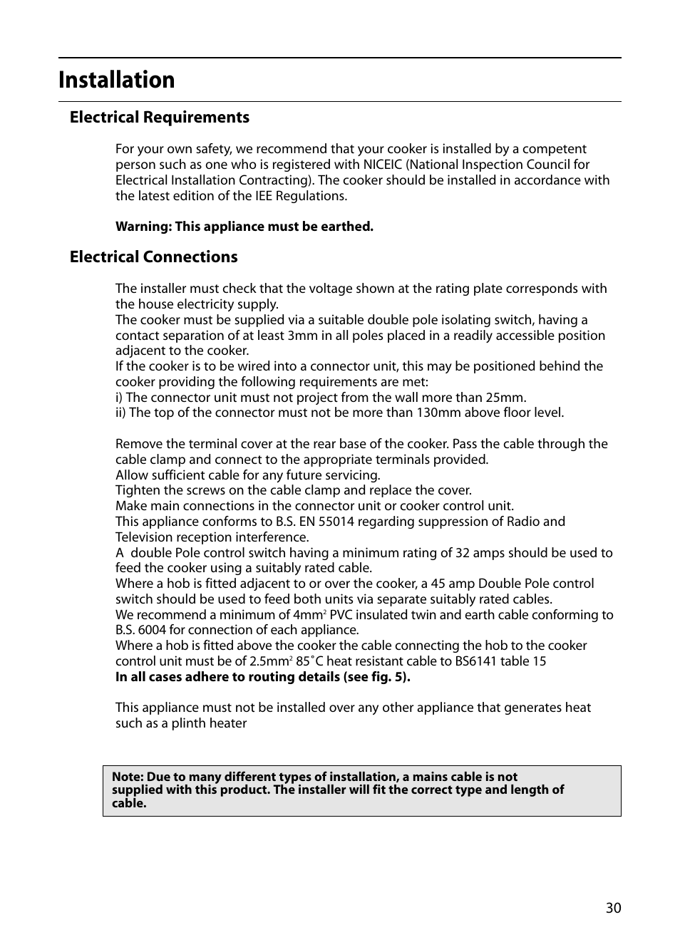 Installation, Electrical requirements, Electrical connections | Hotpoint S420E User Manual | Page 31 / 36