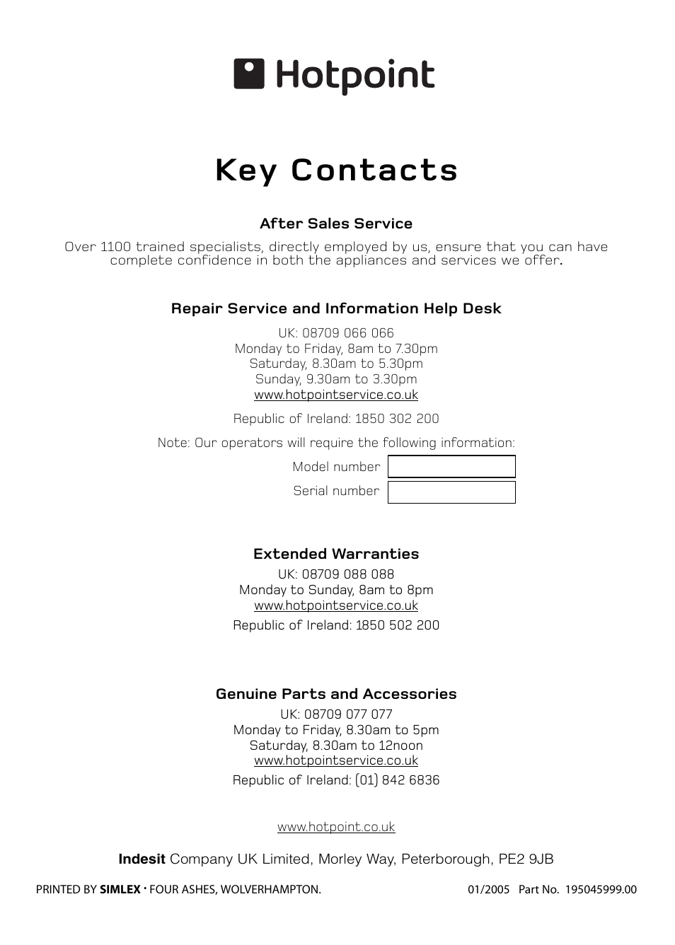 Key contacts | Hotpoint S420E User Manual | Page 36 / 36