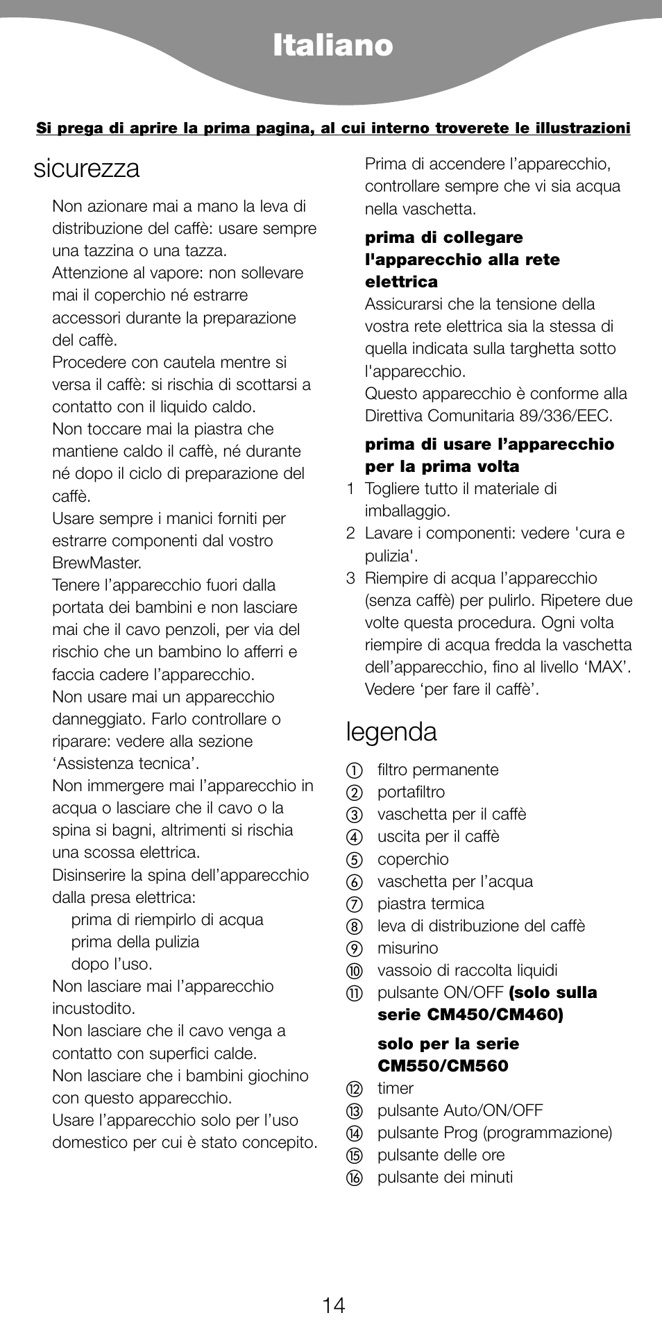 Italiano, Sicurezza, Legenda | Kenwood CM450 series User Manual | Page 17 / 59