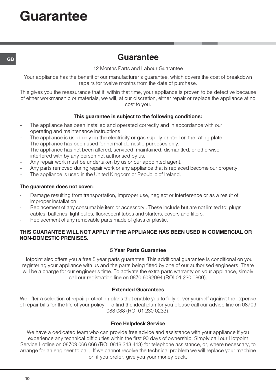 Guarantee | Hotpoint FFB6200AX User Manual | Page 10 / 12