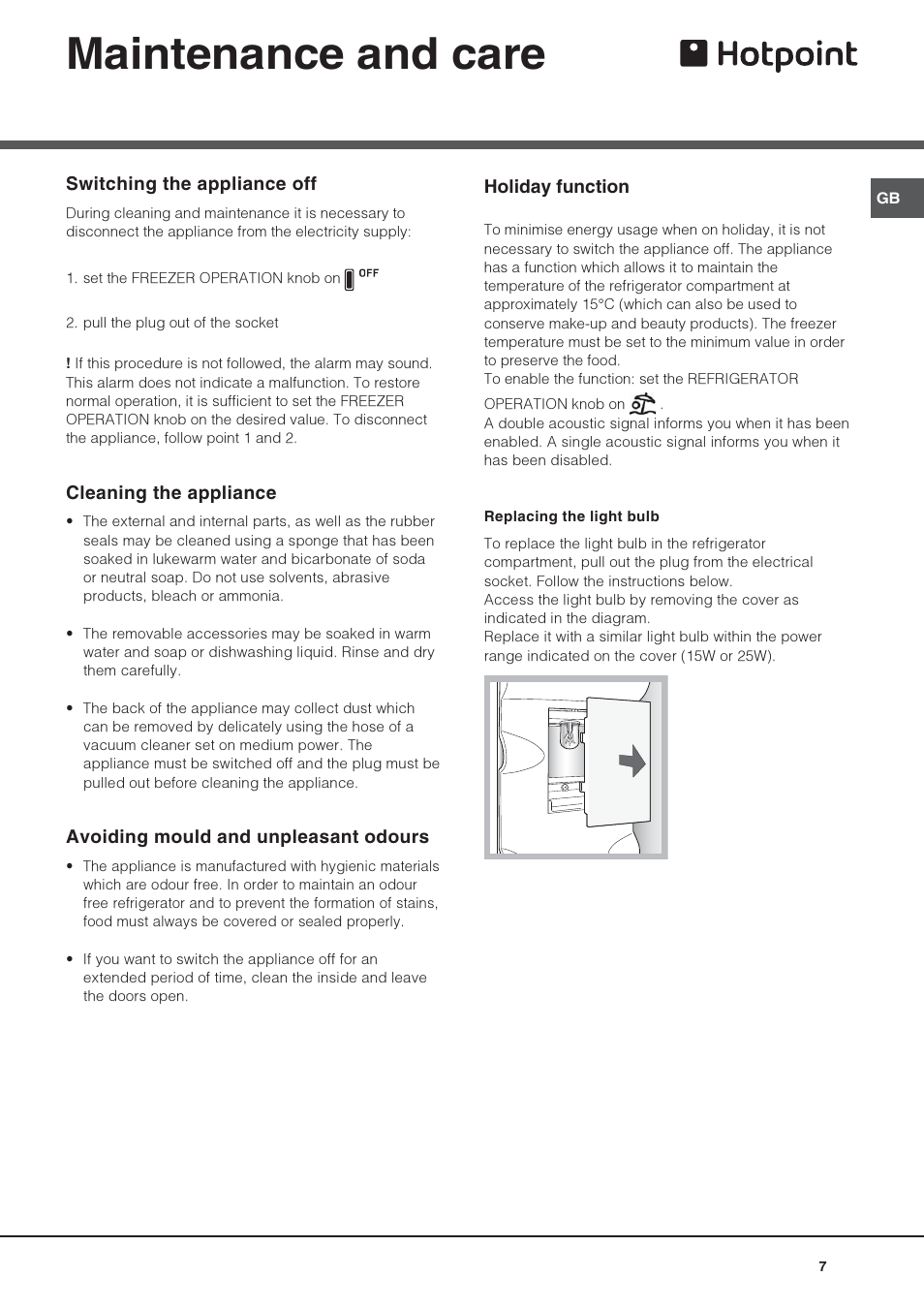 Maintenance and care | Hotpoint FFB6200AX User Manual | Page 7 / 12