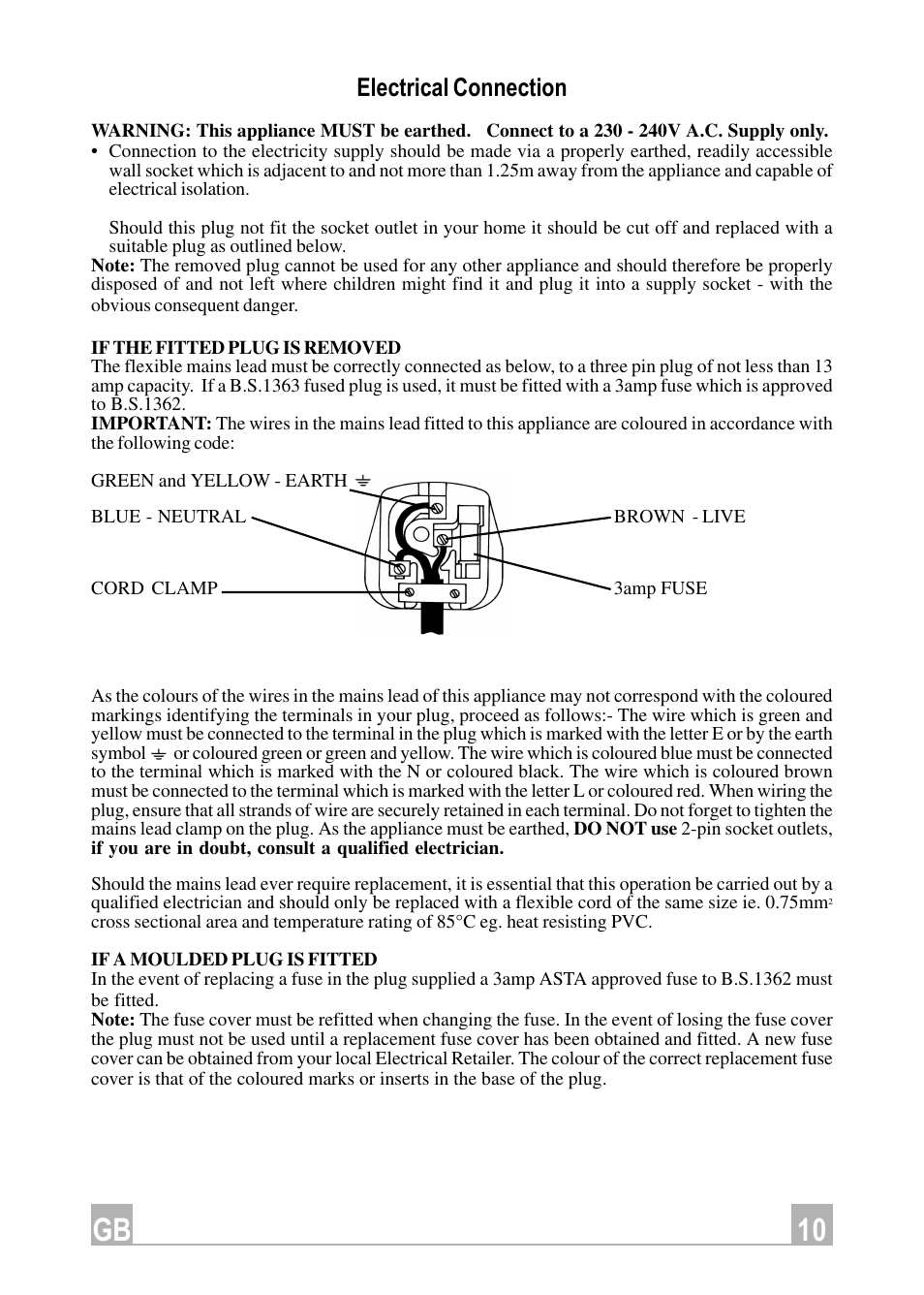 10 gb, Electrical connection | Hotpoint HDI90X User Manual | Page 10 / 16
