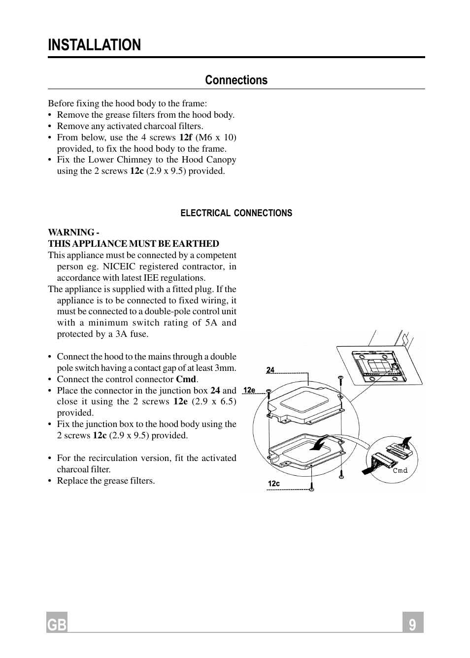 9gb installation, Connections | Hotpoint HDI90X User Manual | Page 9 / 16