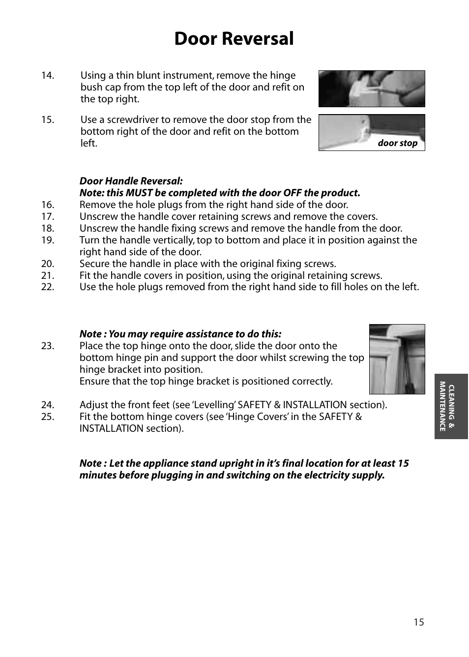 Door reversal | Hotpoint RLA50 User Manual | Page 15 / 20