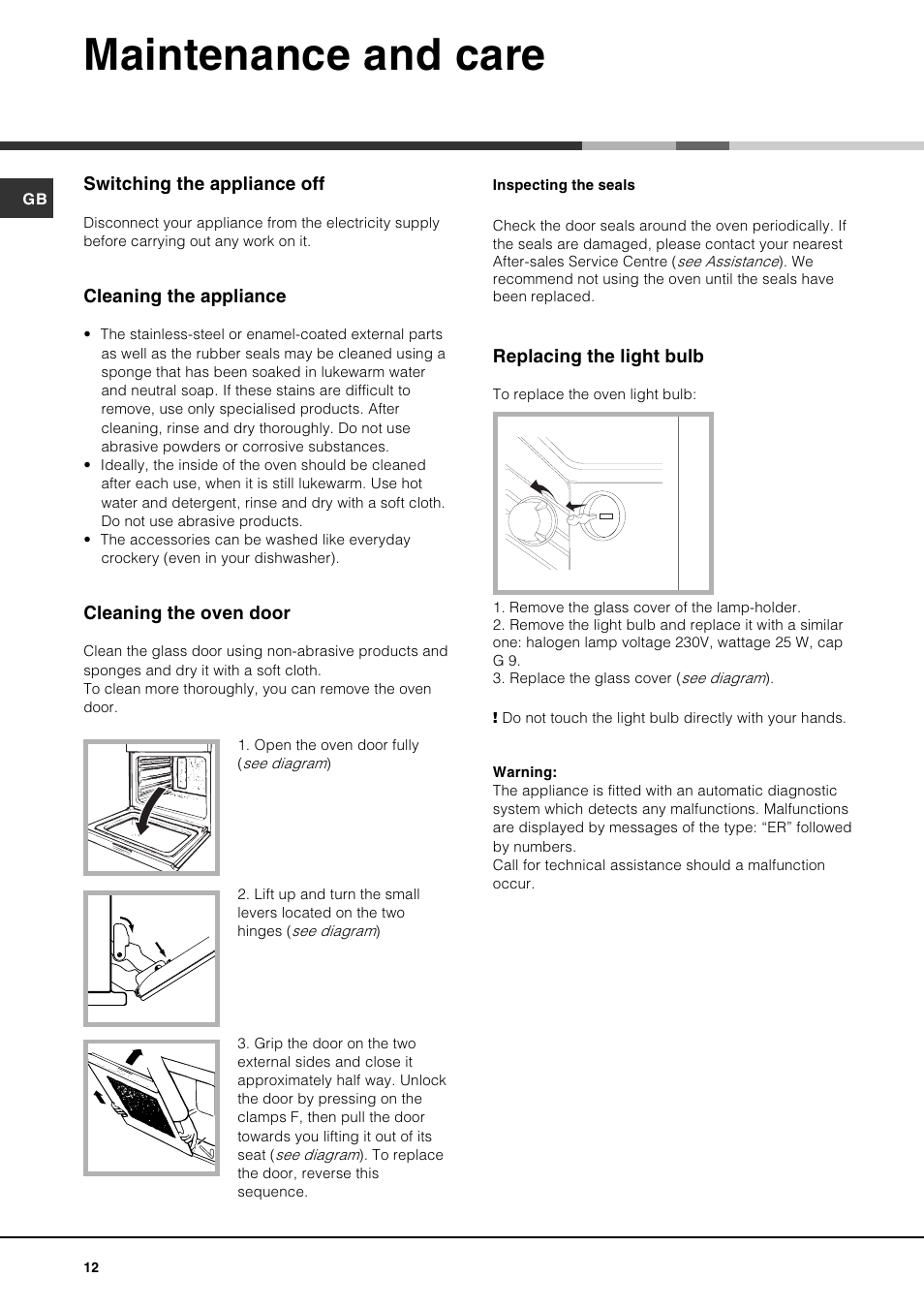 Maintenance and care | Hotpoint SE1002X User Manual | Page 12 / 16