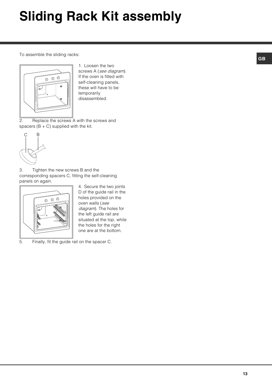 Sliding rack kit assembly | Hotpoint SE1002X User Manual | Page 13 / 16