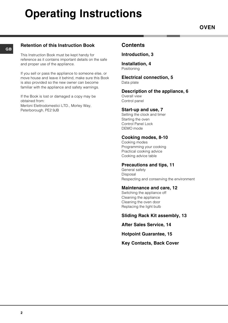 Operating instructions, Oven contents | Hotpoint SE1002X User Manual | Page 2 / 16
