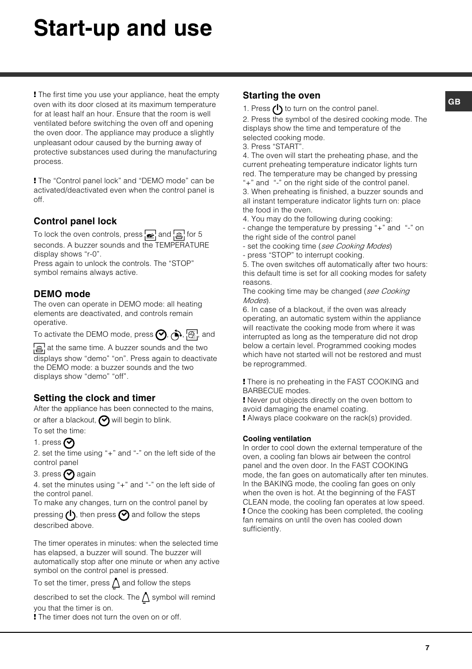 Start-up and use, Control panel lock, Demo mode | Setting the clock and timer, Starting the oven | Hotpoint SE1002X User Manual | Page 7 / 16