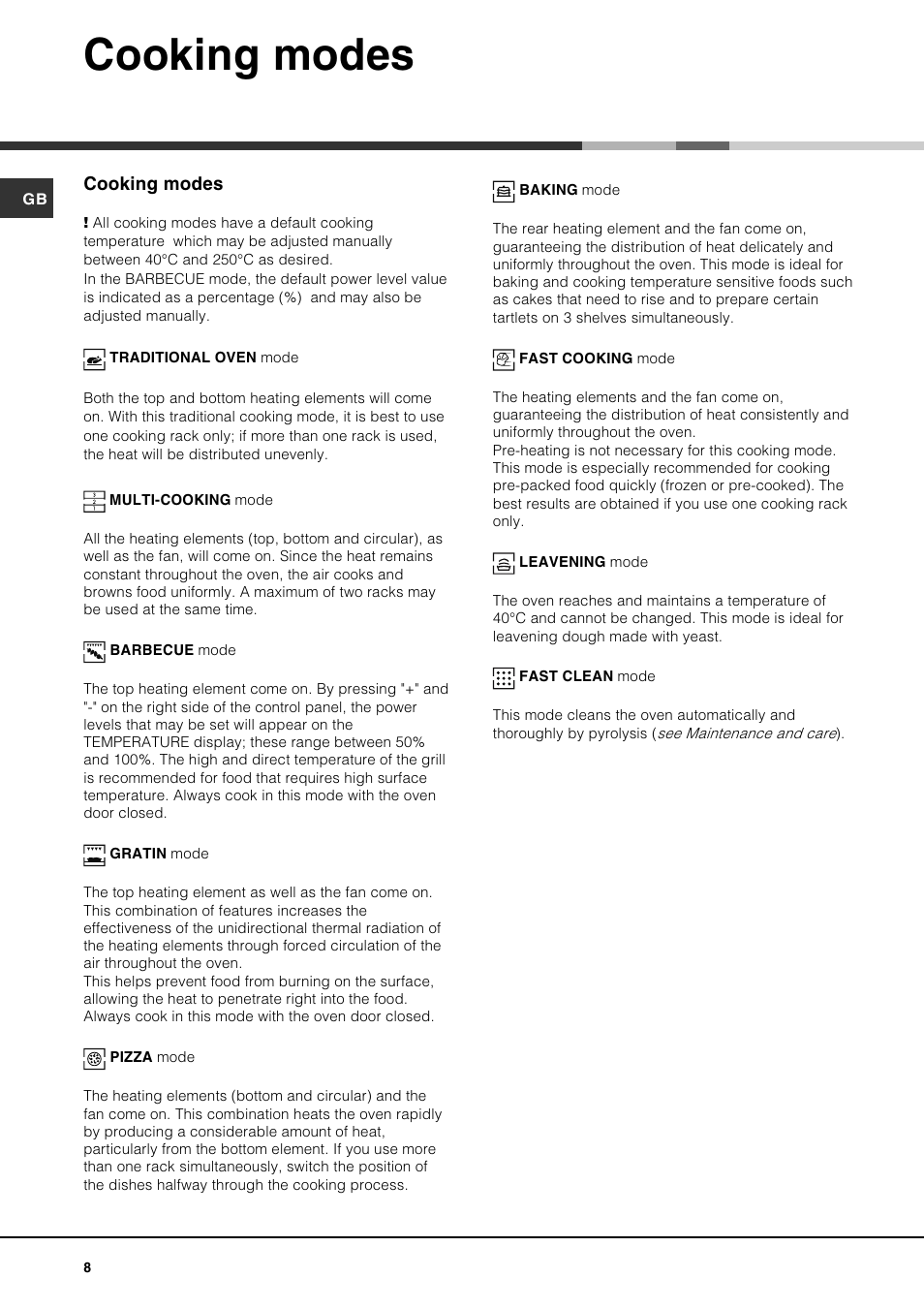 Cooking modes | Hotpoint SE1002X User Manual | Page 8 / 16