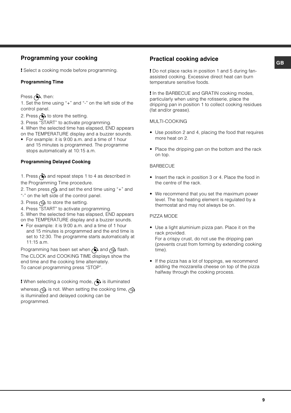 Programming your cooking, Practical cooking advice | Hotpoint SE1002X User Manual | Page 9 / 16