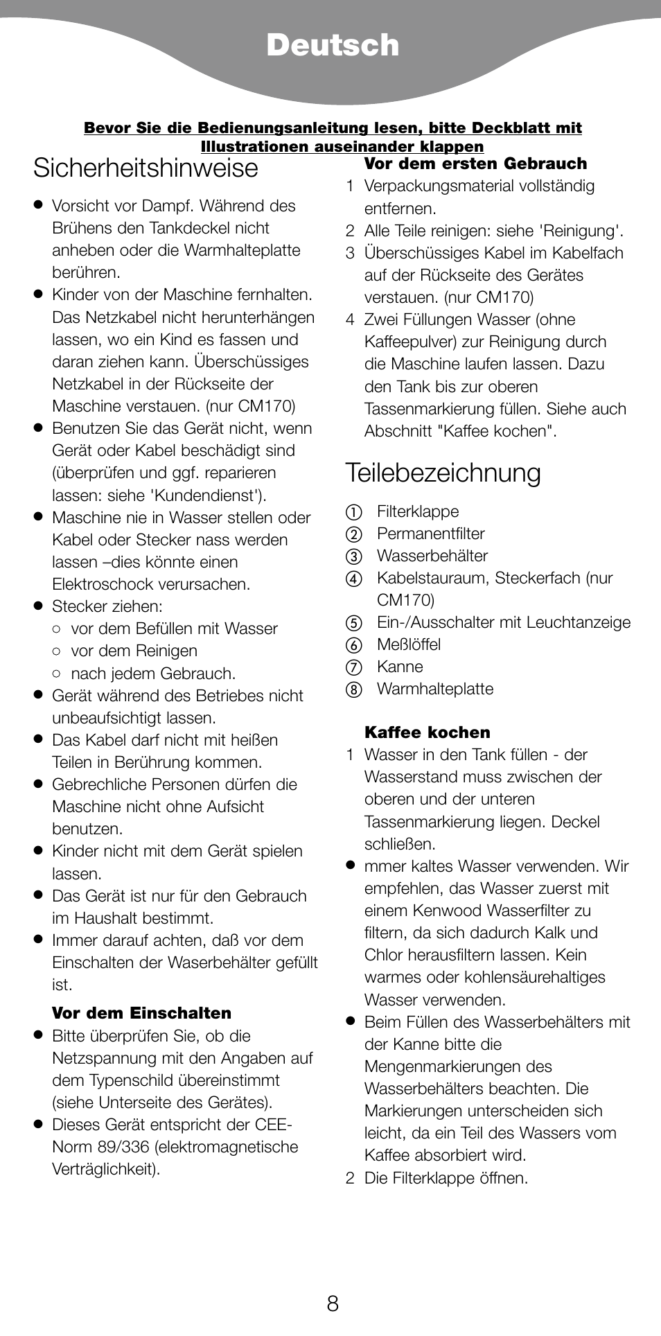 Deutsch, Sicherheitshinweise, Teilebezeichnung | Kenwood CM70 User Manual | Page 10 / 43