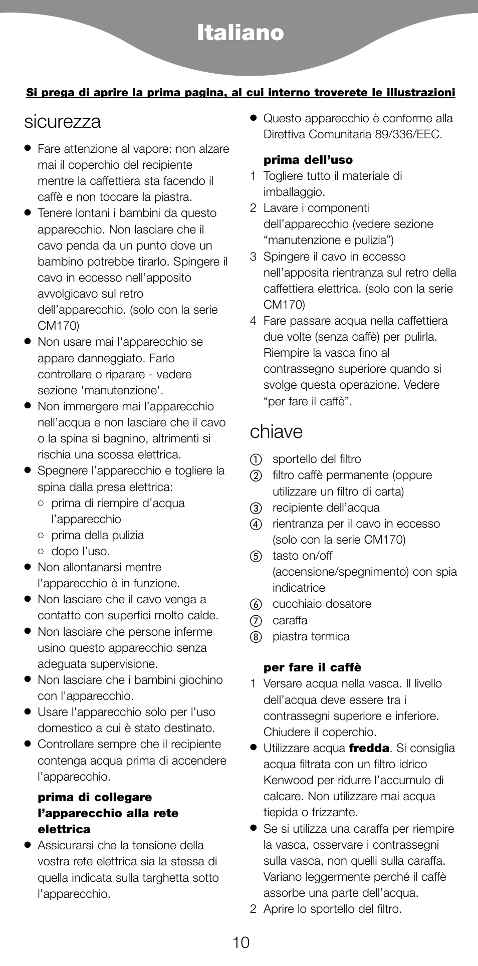 Italiano, Sicurezza, Chiave | Kenwood CM70 User Manual | Page 12 / 43