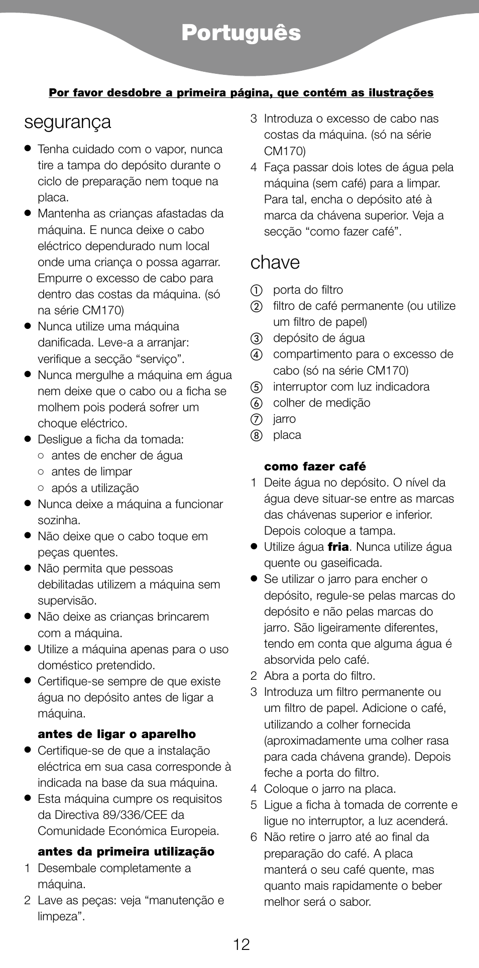 Português, Segurança, Chave | Kenwood CM70 User Manual | Page 14 / 43