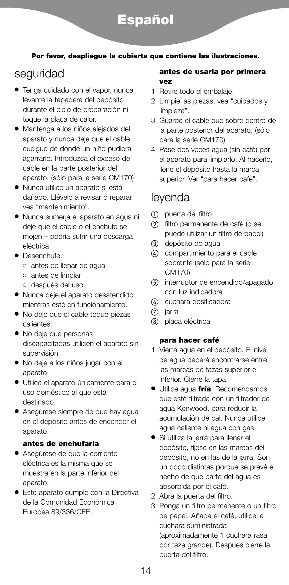 Español, Seguridad, Leyenda | Kenwood CM70 User Manual | Page 16 / 43