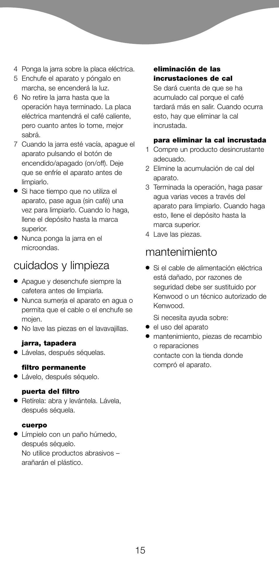 Cuidados y limpieza, Mantenimiento | Kenwood CM70 User Manual | Page 17 / 43