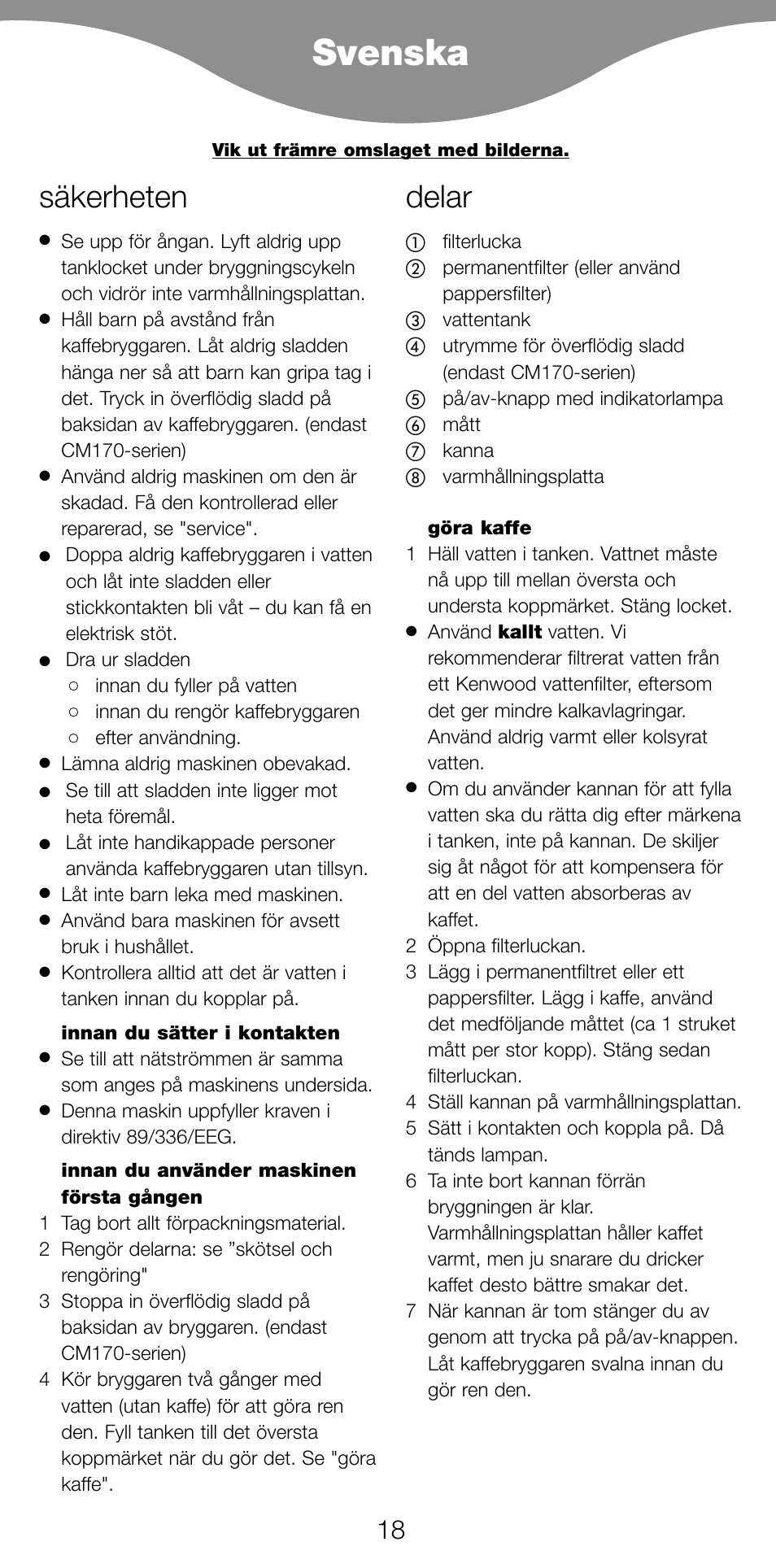 Svenska, Säkerheten, Delar | Kenwood CM70 User Manual | Page 20 / 43