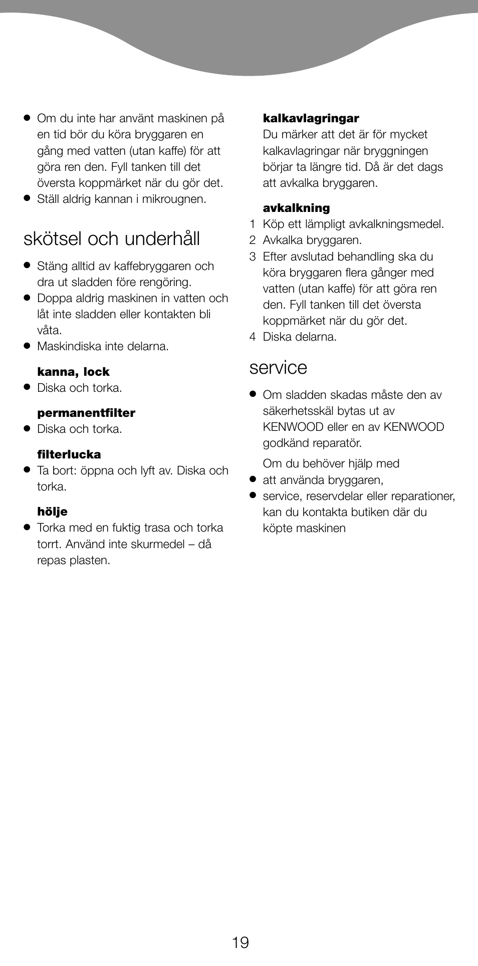 Skötsel och underhåll, Service | Kenwood CM70 User Manual | Page 21 / 43