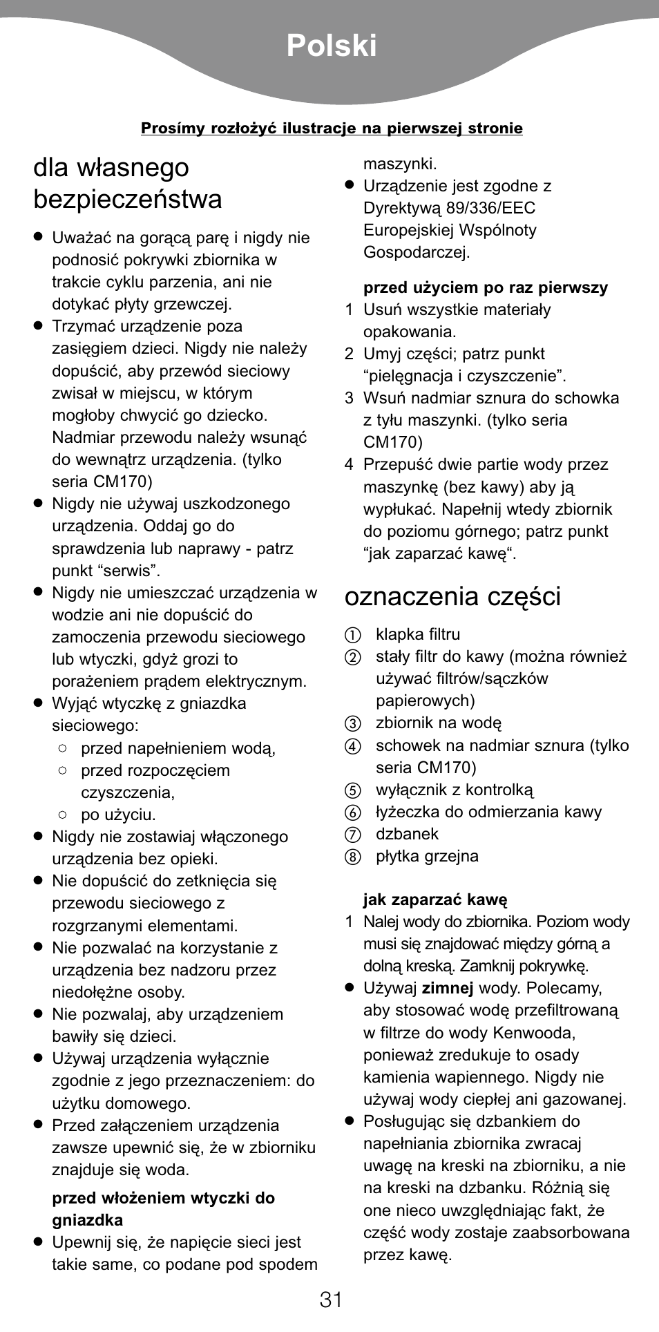 Polski, Dla w¢asnego bezpieczeæstwa, Oznaczenia czëÿci | Kenwood CM70 User Manual | Page 33 / 43