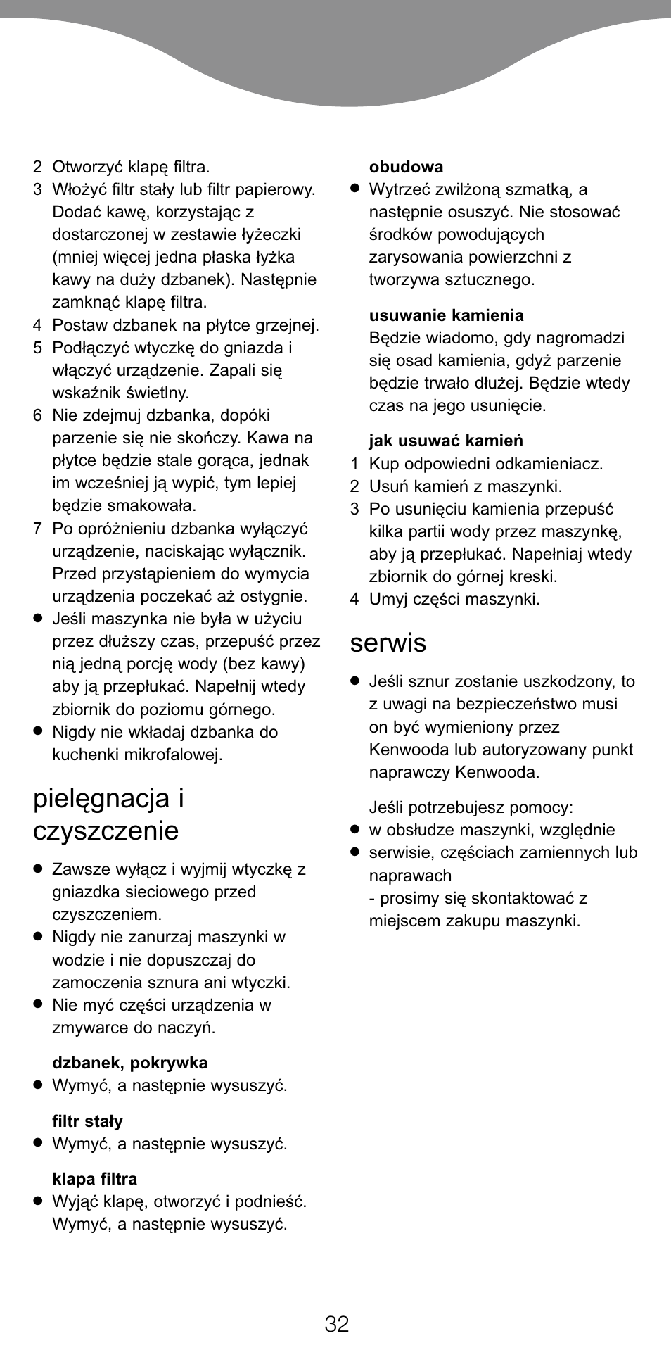 Pielëgnacja i czyszczenie, Serwis | Kenwood CM70 User Manual | Page 34 / 43