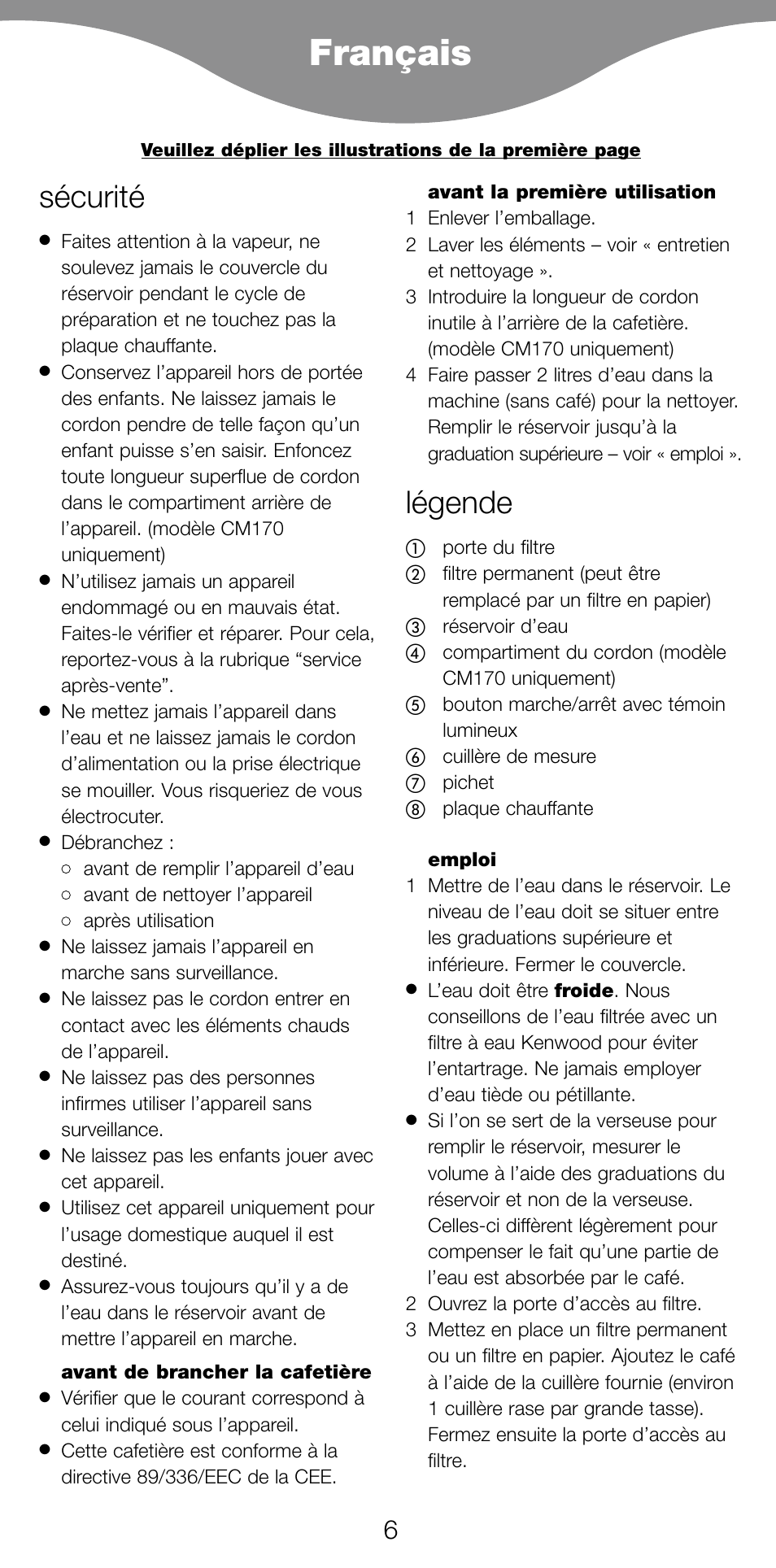 Français, Sécurité, Légende | Kenwood CM70 User Manual | Page 8 / 43