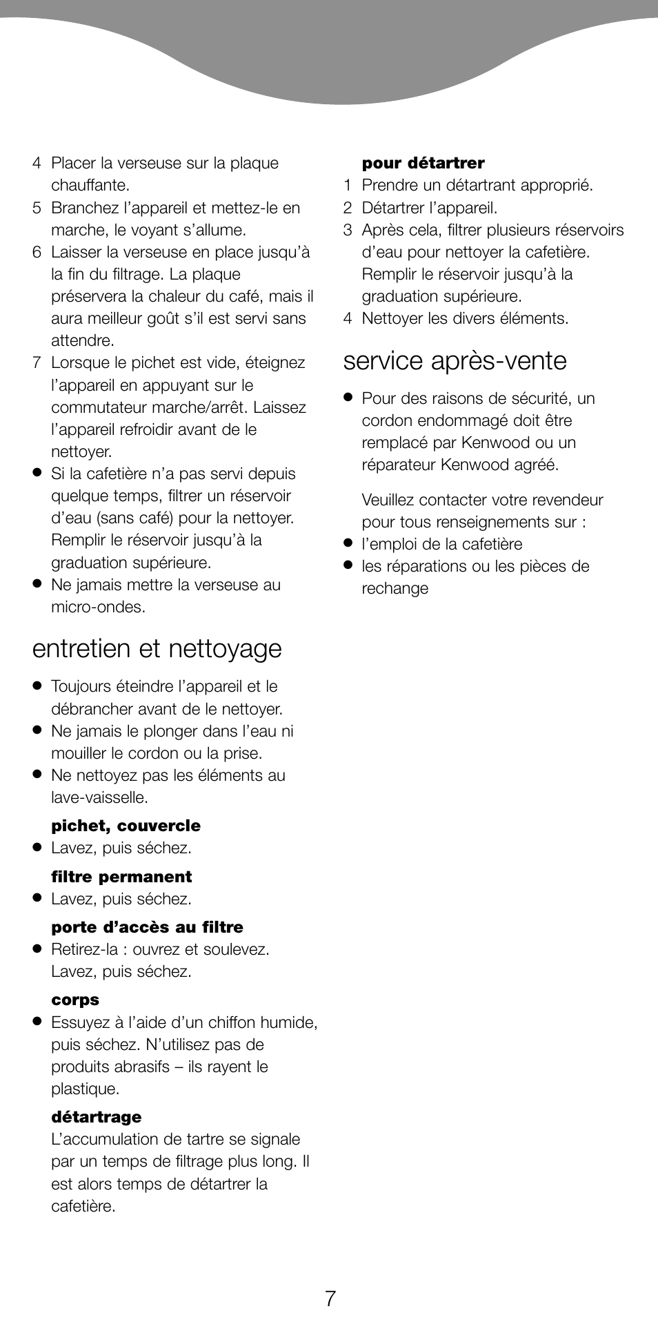 Entretien et nettoyage, Service après-vente | Kenwood CM70 User Manual | Page 9 / 43