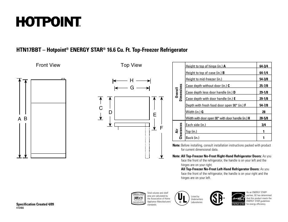 Hotpoint ENERGY STAR HTN17BBT User Manual | 2 pages