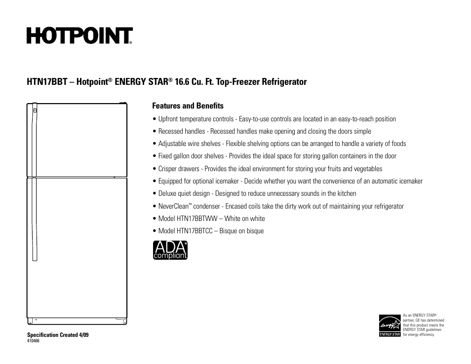 Htn17bbt – hotpoint, Energy star, 6 cu. ft. top-freezer refrigerator | Features and benefits | Hotpoint ENERGY STAR HTN17BBT User Manual | Page 2 / 2
