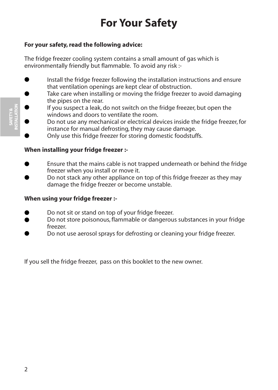 For your safety | Hotpoint RFS60 User Manual | Page 2 / 24