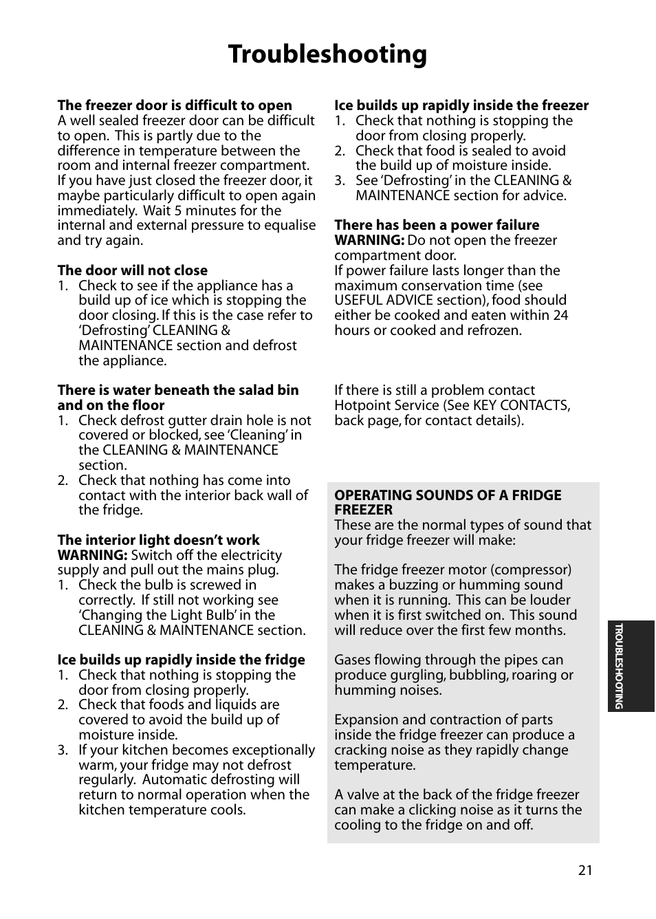 Troubleshooting | Hotpoint RFS60 User Manual | Page 21 / 24