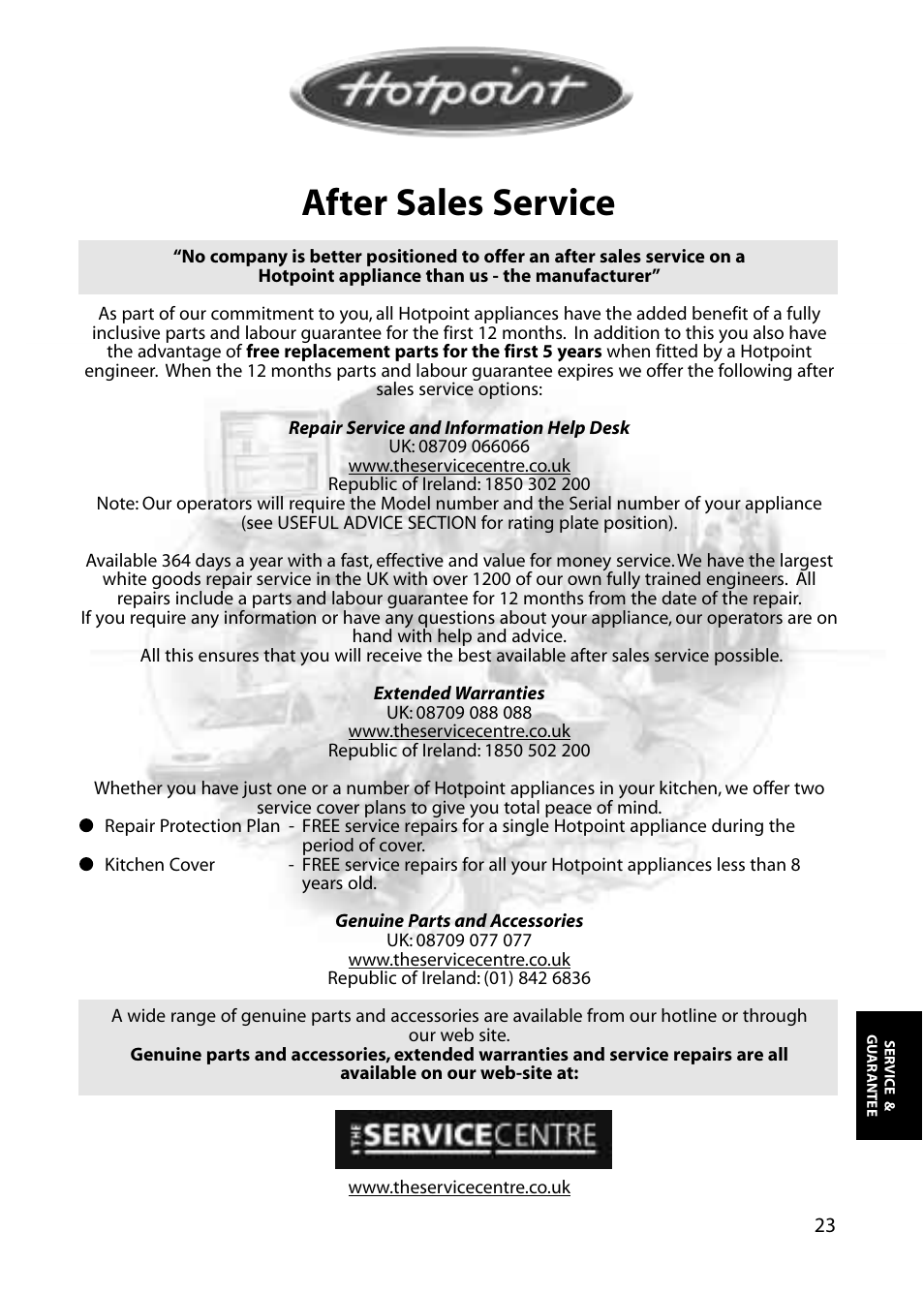 After sales service | Hotpoint RFS60 User Manual | Page 23 / 24