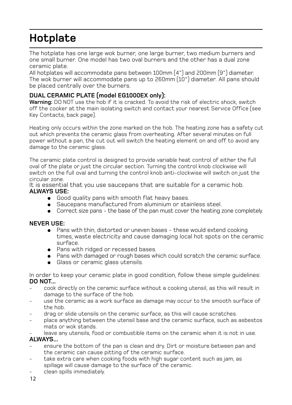 Hotplate | Hotpoint EG1000EX User Manual | Page 12 / 36