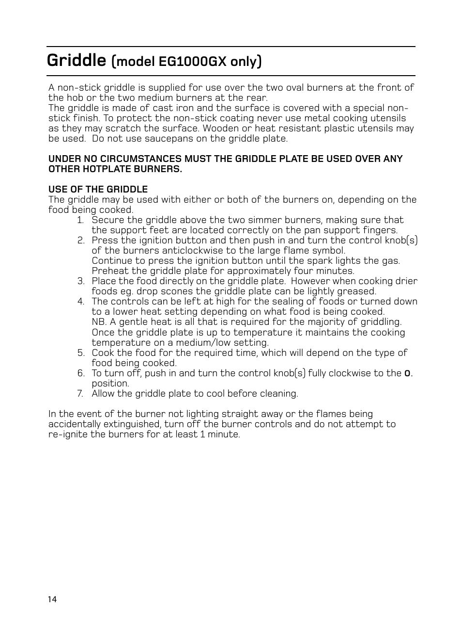 Griddle, Model eg1000gx only) | Hotpoint EG1000EX User Manual | Page 14 / 36