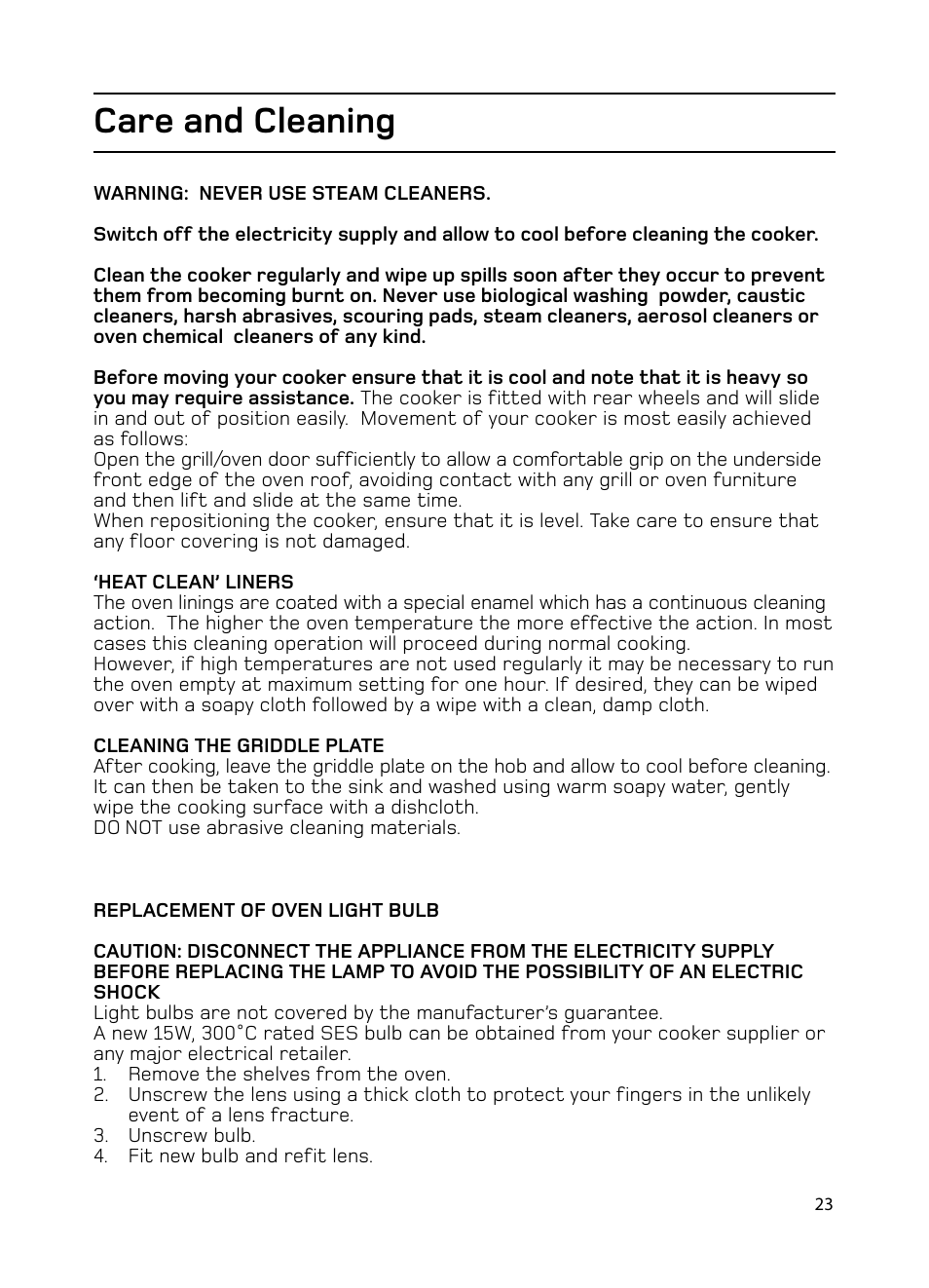 Care and cleaning | Hotpoint EG1000EX User Manual | Page 23 / 36