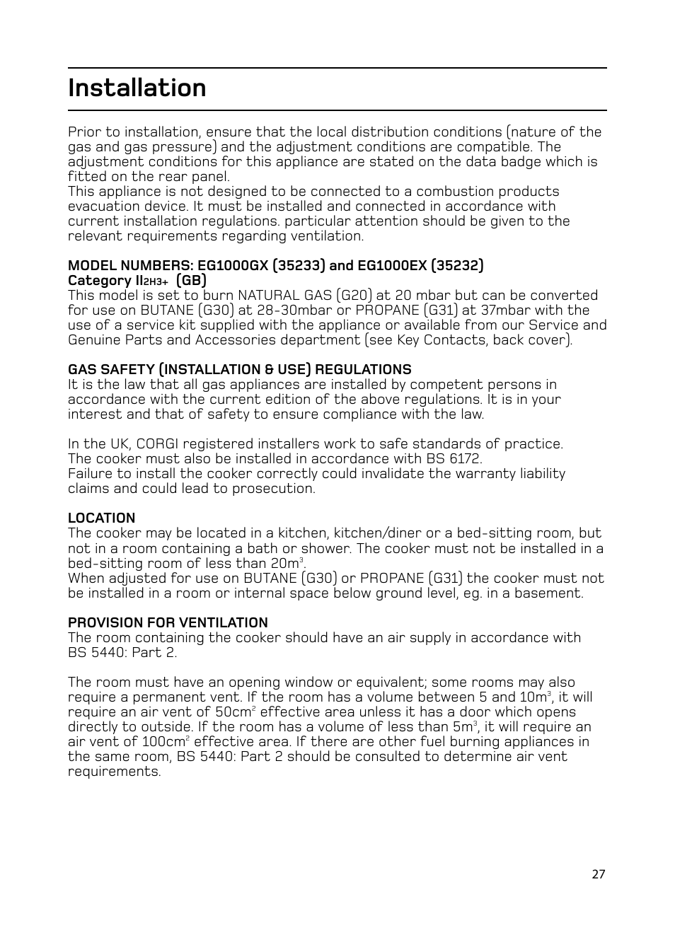 Installation | Hotpoint EG1000EX User Manual | Page 27 / 36