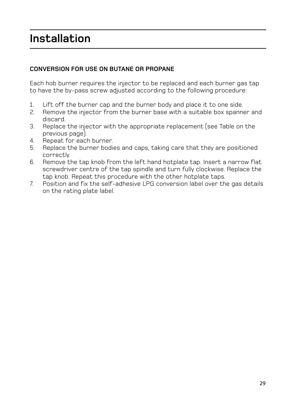 Installation | Hotpoint EG1000EX User Manual | Page 29 / 36