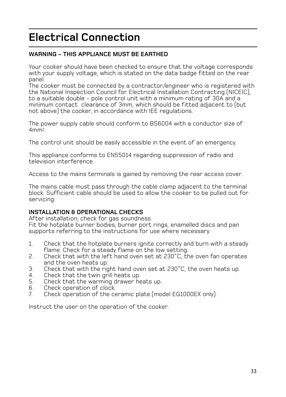 Electrical connection | Hotpoint EG1000EX User Manual | Page 33 / 36