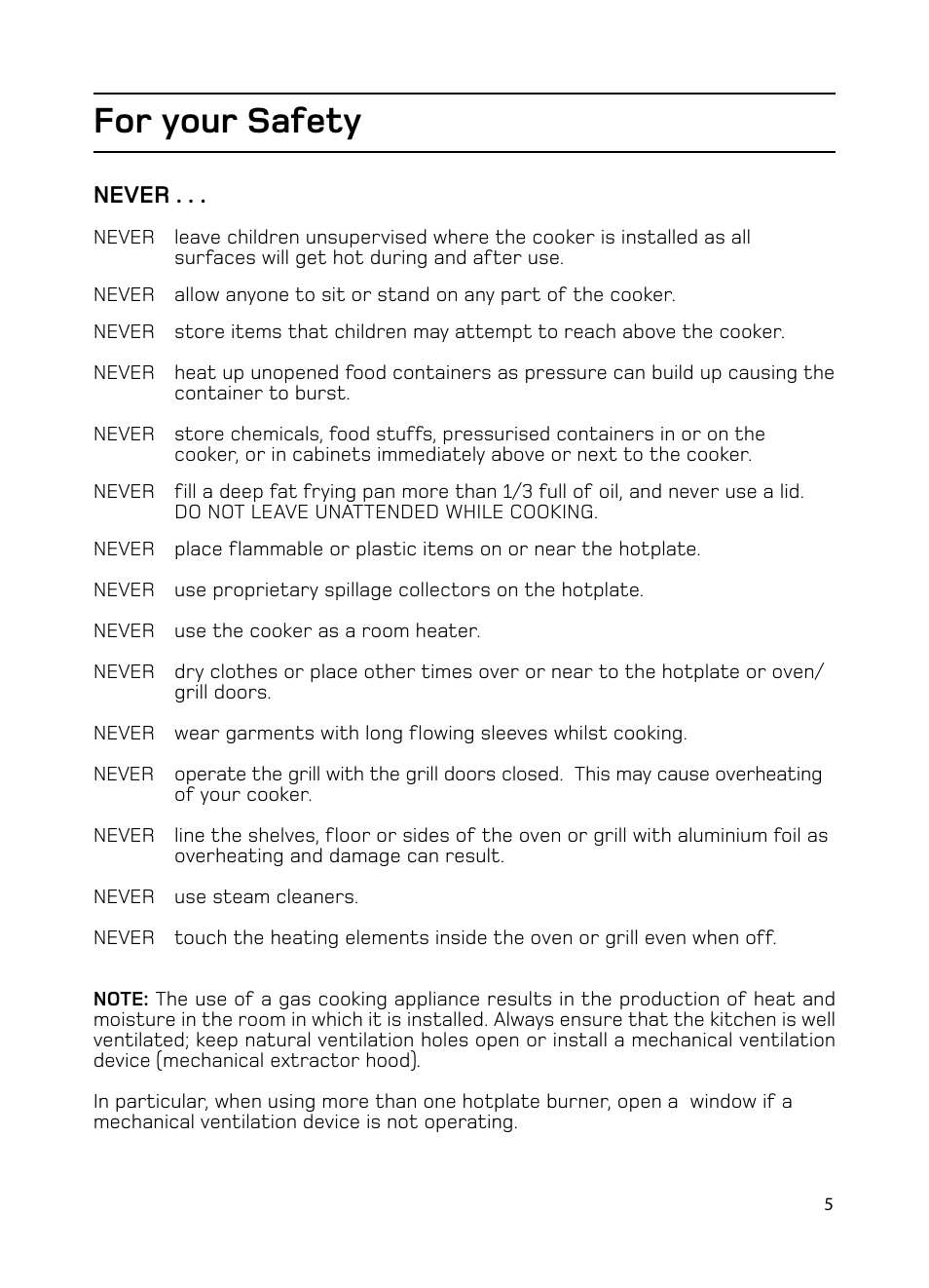 For your safety, Never | Hotpoint EG1000EX User Manual | Page 5 / 36