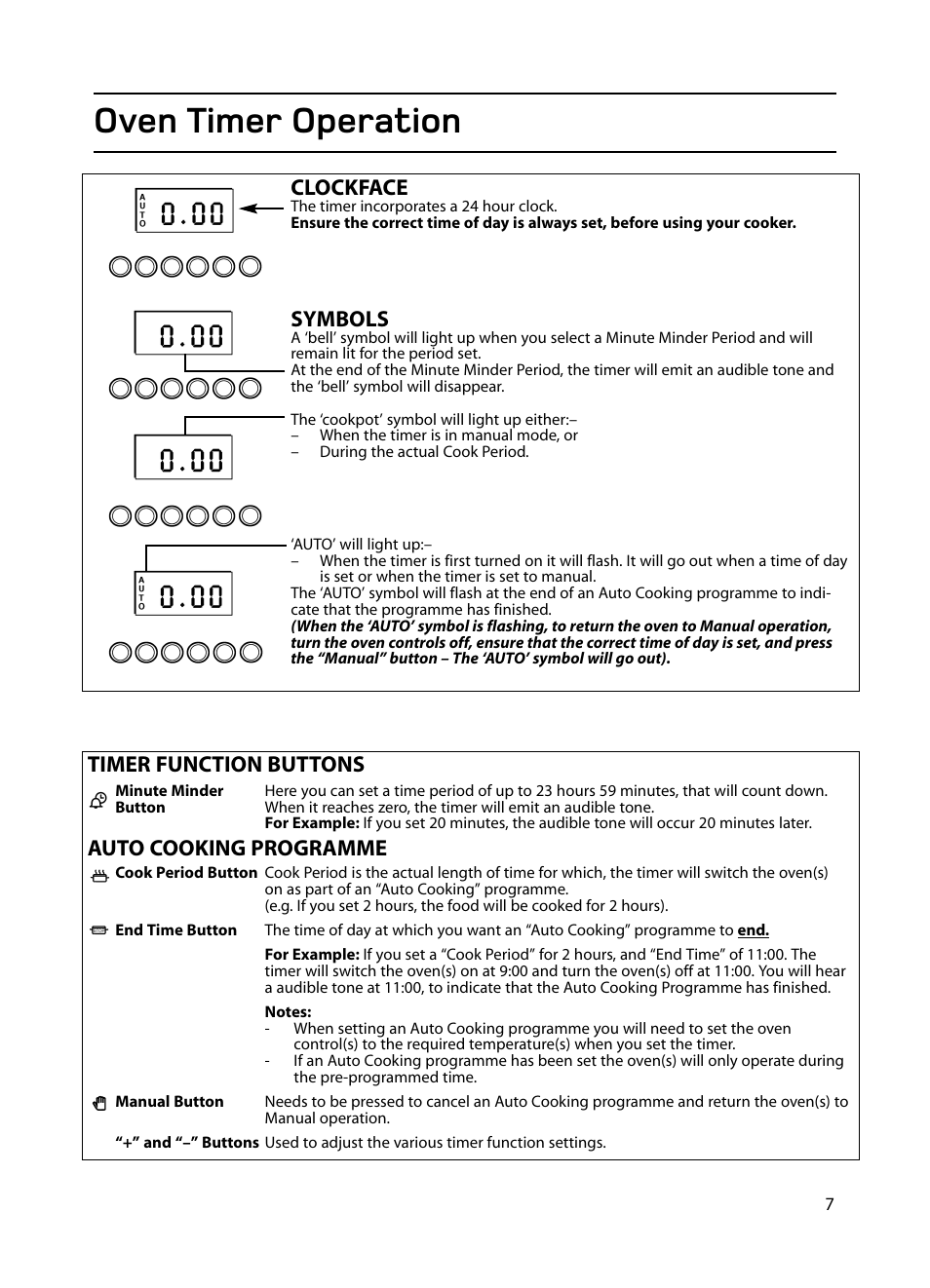 Oven timer operation, Clockface, Symbols | Timer function buttons auto cooking programme | Hotpoint EG1000EX User Manual | Page 7 / 36