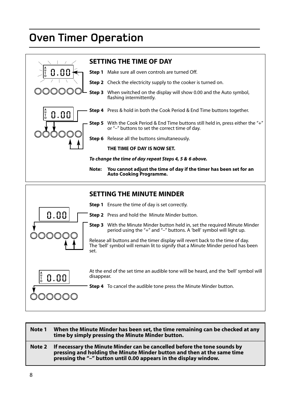 Oven timer operation, Setting the time of day, Setting the minute minder | Hotpoint EG1000EX User Manual | Page 8 / 36