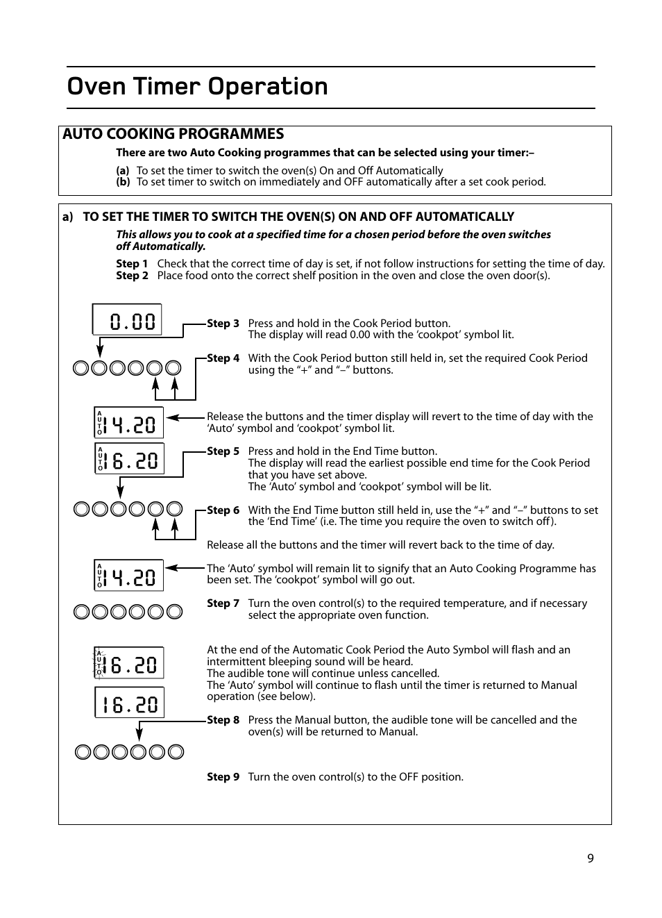 Oven timer operation, Auto cooking programmes | Hotpoint EG1000EX User Manual | Page 9 / 36