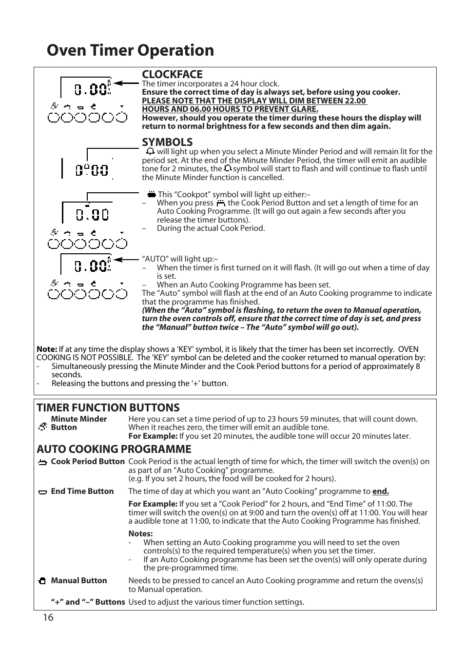 Oven timer operation, Clockface, Symbols | Timer function buttons auto cooking programme | Hotpoint BD62 User Manual | Page 16 / 52
