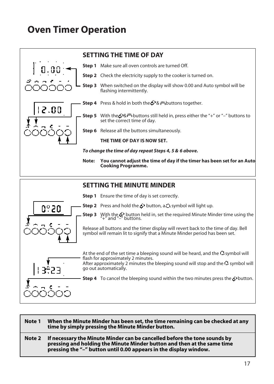Oven timer operation, Setting the time of day, Setting the minute minder | Hotpoint BD62 User Manual | Page 17 / 52
