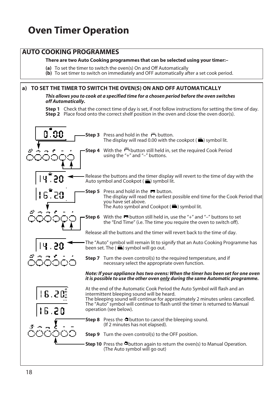 Oven timer operation, Auto cooking programmes | Hotpoint BD62 User Manual | Page 18 / 52