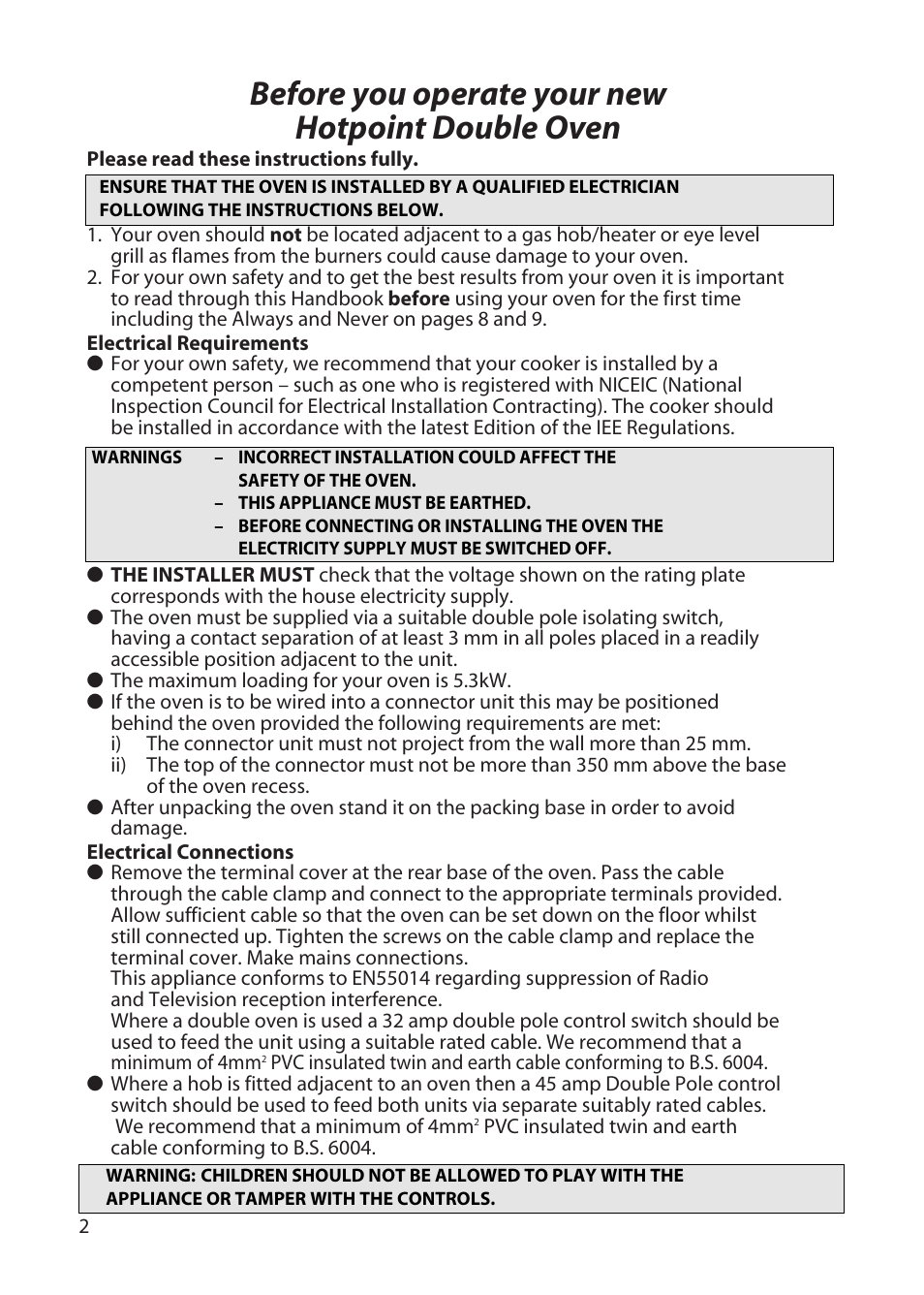 Before you operate your new hotpoint double oven | Hotpoint BD62 User Manual | Page 2 / 52