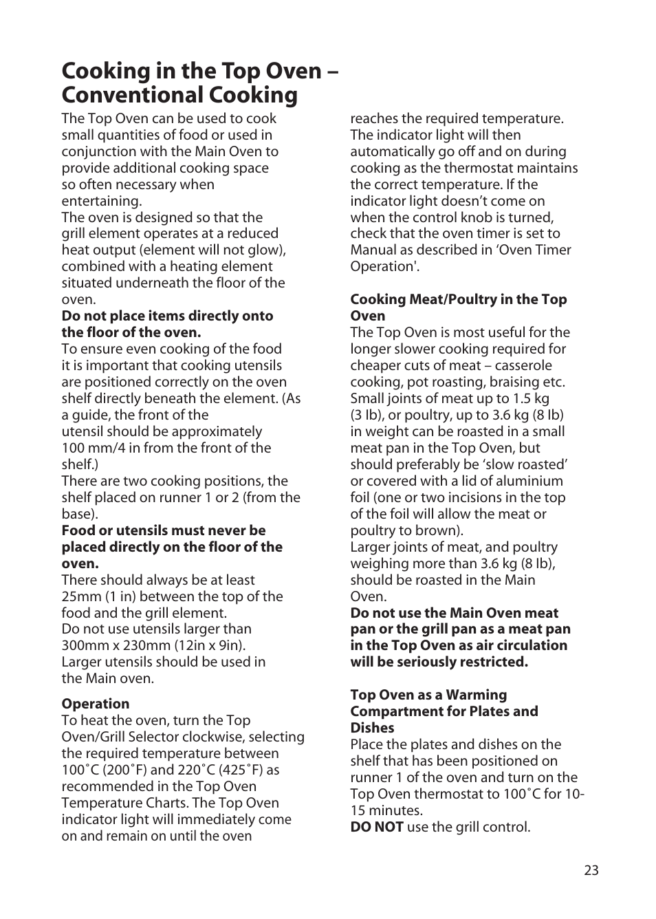 Cooking in the top oven – conventional cooking | Hotpoint BD62 User Manual | Page 23 / 52