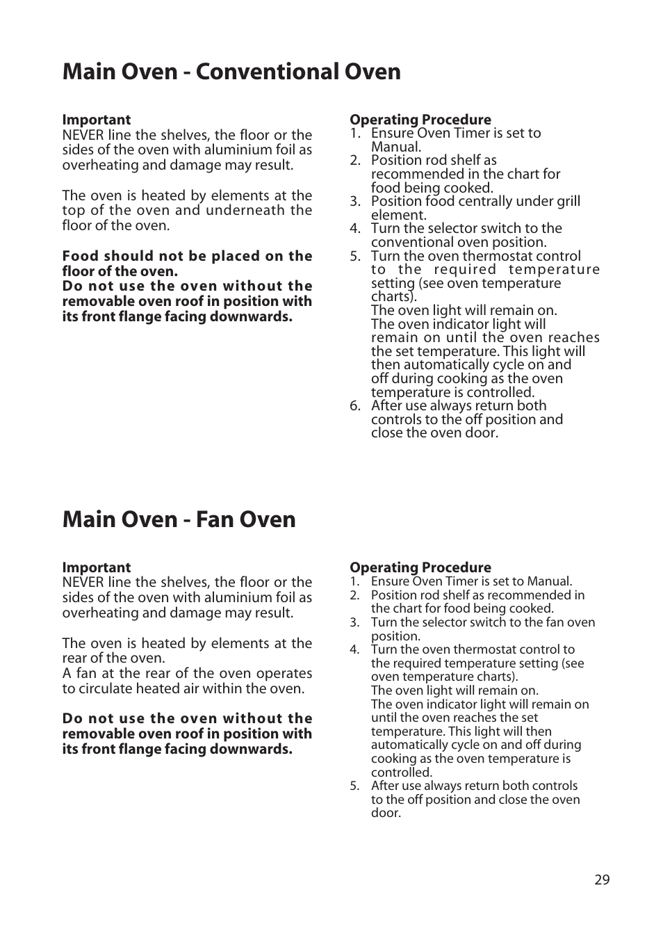 Main oven - conventional oven, Main oven - fan oven | Hotpoint BD62 User Manual | Page 29 / 52