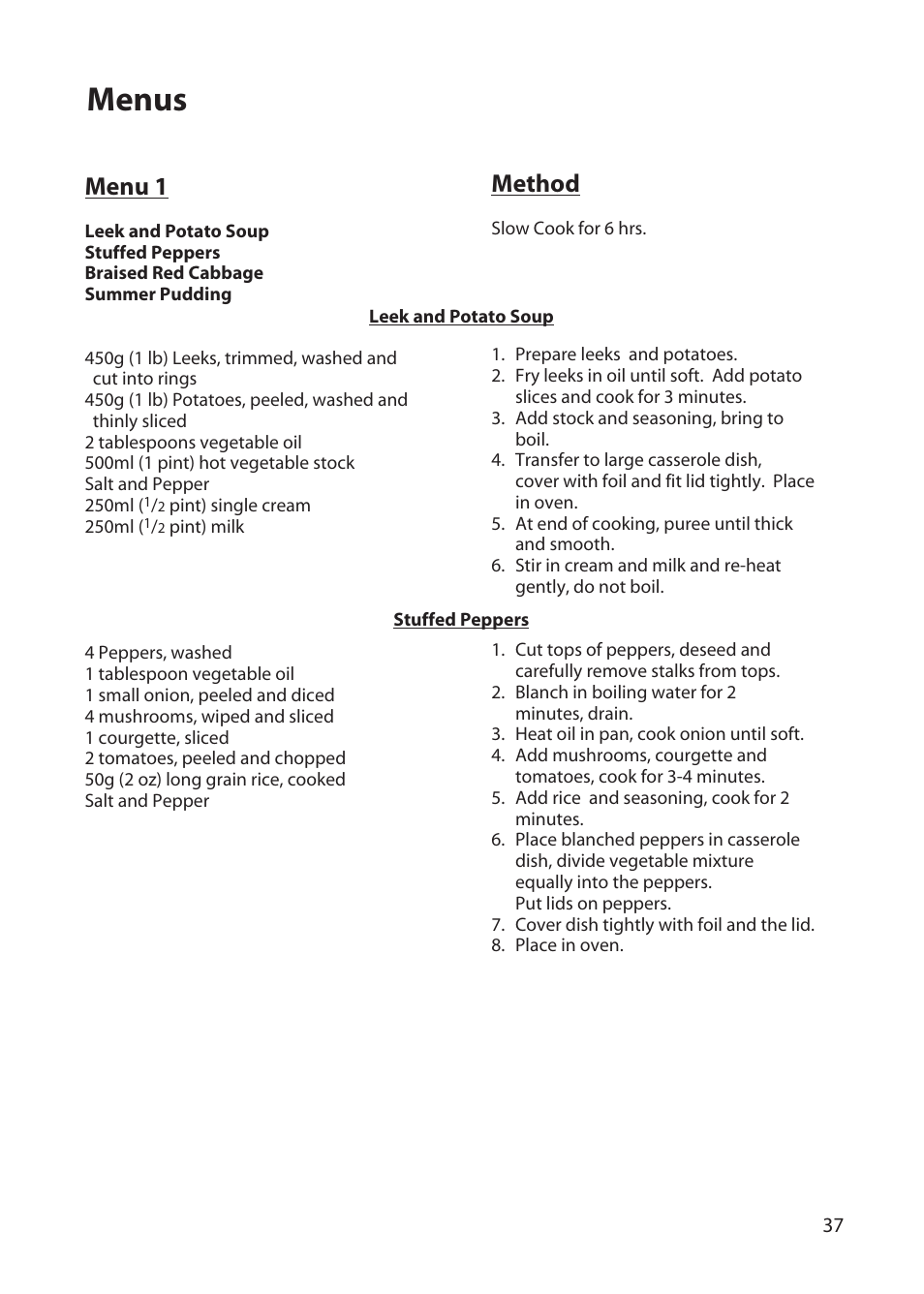 Menus, Menu 1, Method | Hotpoint BD62 User Manual | Page 37 / 52