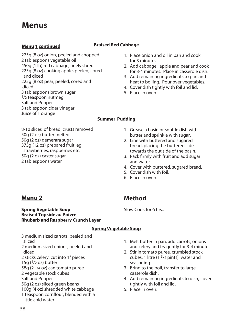 Menus, Menu 2, Method | Hotpoint BD62 User Manual | Page 38 / 52